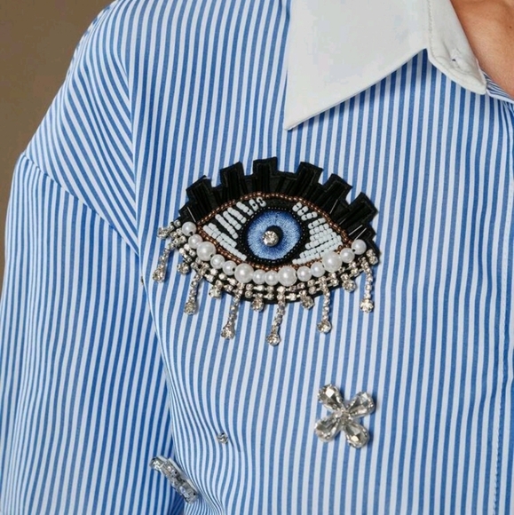 Women's Riveted Rhinestone Embellished Blue Striped Patch-Up Shirt Top - Picture 2 of 6